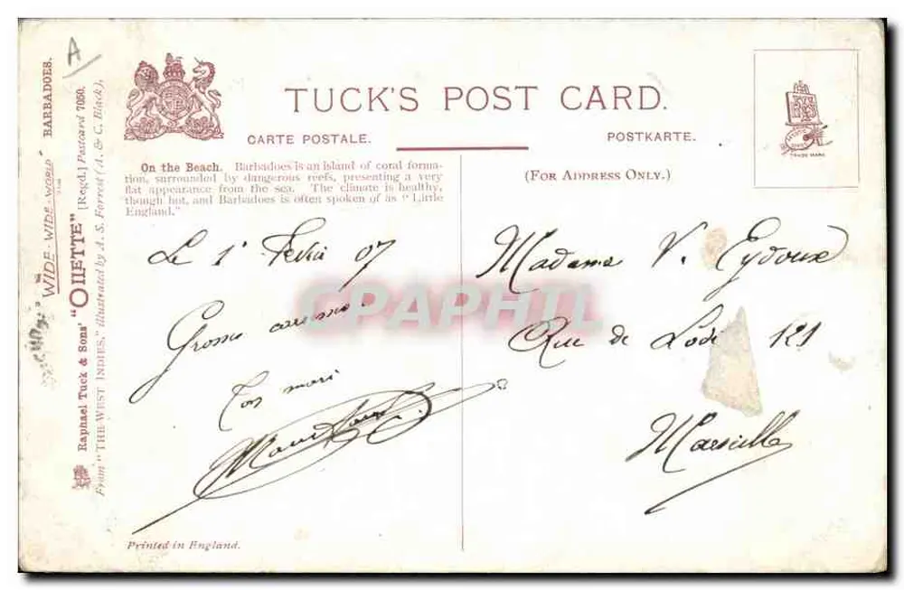Barbados — On the Beach — Tuck's Post Card - Rückseite