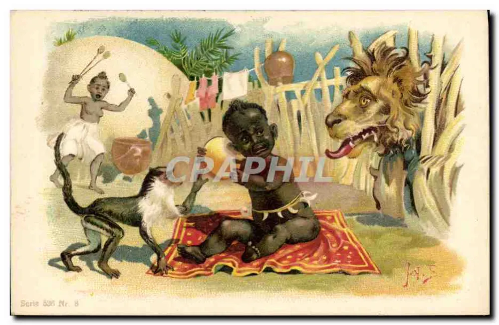 Sujeito exótico — cena com criança, macaco e leão — série Paris 836, n° 8 - Frente
