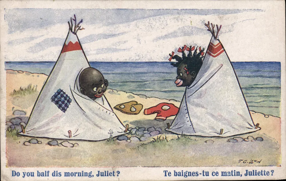 Zwei Kinder in Tipis am Strand — F.G. Lewin — Comique-Serie Nr. 2517 - Vorderseite