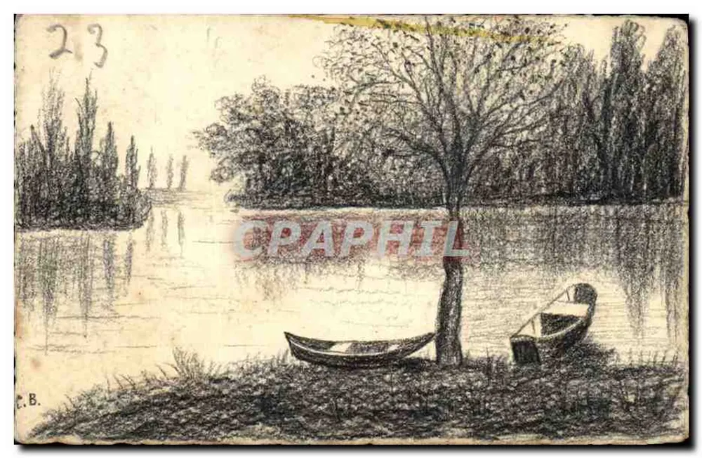 Barco em rio — desenho a lápis — T.B. - Frente