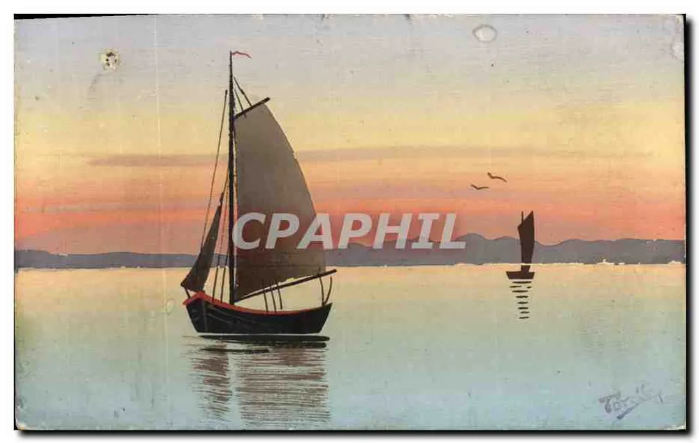 Pôr do sol sobre o mar — barco a vela — Torelli - Frente