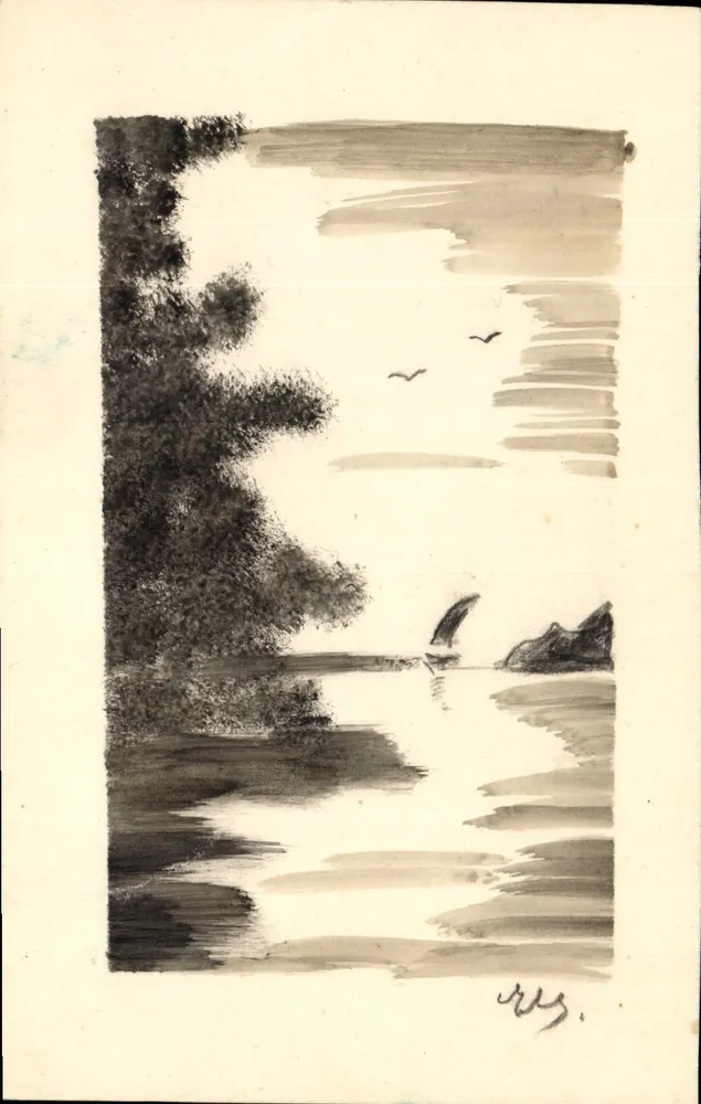 Paisagem lacustre — desenho a tinta e aquarela — assinatura 'R.E.' em baixo à direita - Frente