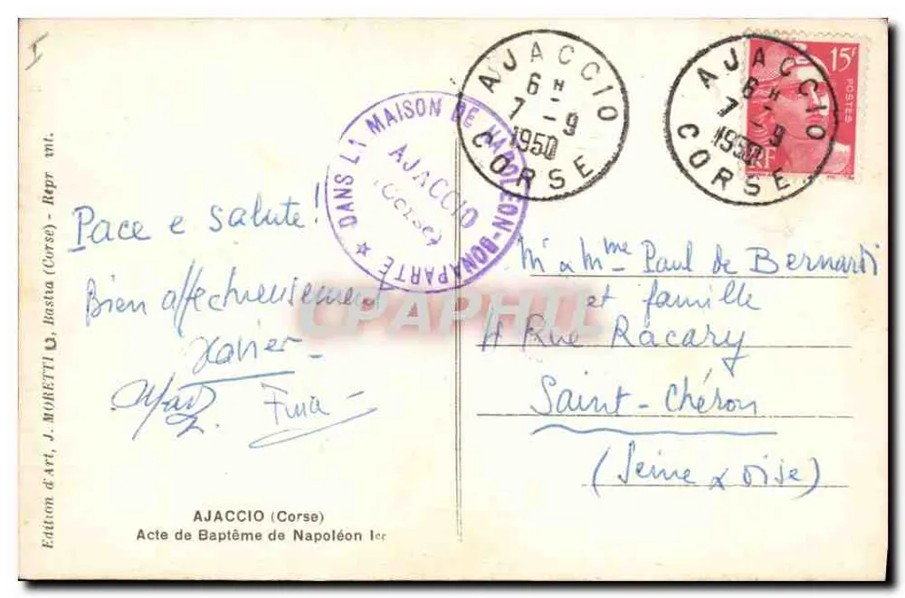 Atestado de Batismo de Napoleão I — Ajaccio (Córsega) — Edição J. Moretti - Verso