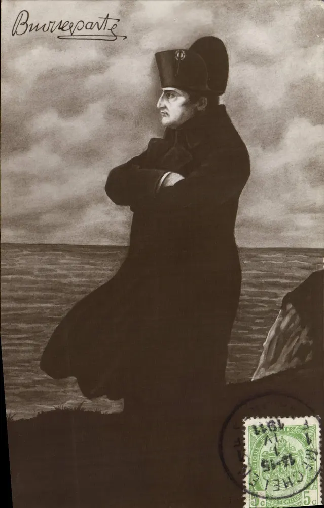 Retrato de Napoléon Bonaparte — sobre fundo marinho — editor anônimo, número de série não visível - Frente