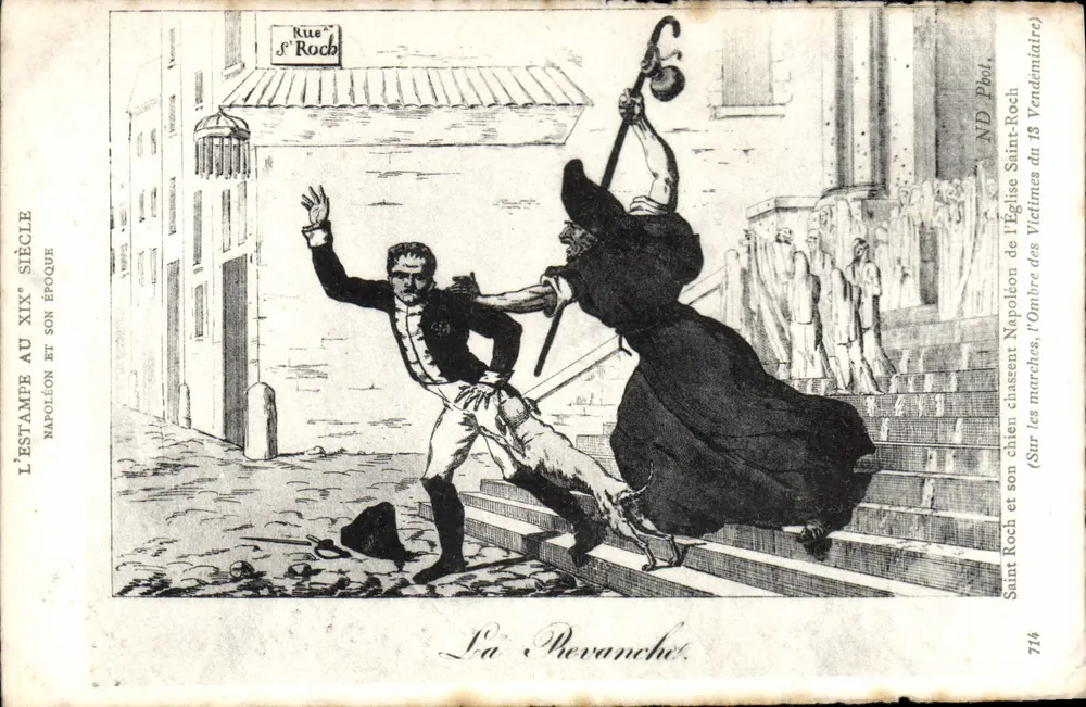 Napoleão e seu cão caçam as vítimas da Igreja de São Roque — L'Estampe no século XIX, n°714 - Frente