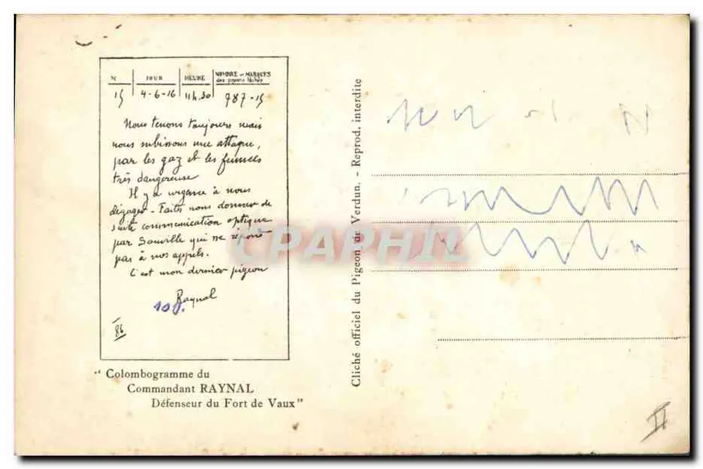 Kriegspapagei — Verdun — offizielles Foto des Kommandanten Raynal - Rückseite