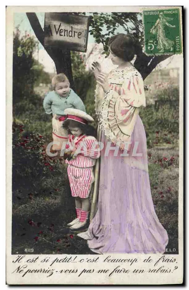 Frau und zwei Kinder im Garten — Zu Verkauf — E.L.D. n° 4119 - Vorderseite