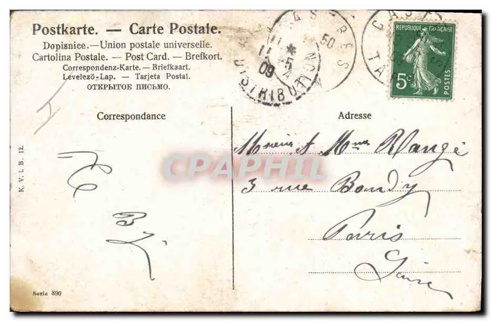 Scène écossaise — couple en tenue traditionnelle entouré de bébés dans un champ — éditeur K.V.I.B. n° 890 - Verso