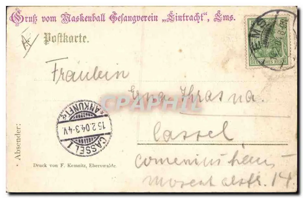 Fortissimo — caricatura de um cantor negro — Druck von F. Kemnitz, Eberswalde - Verso