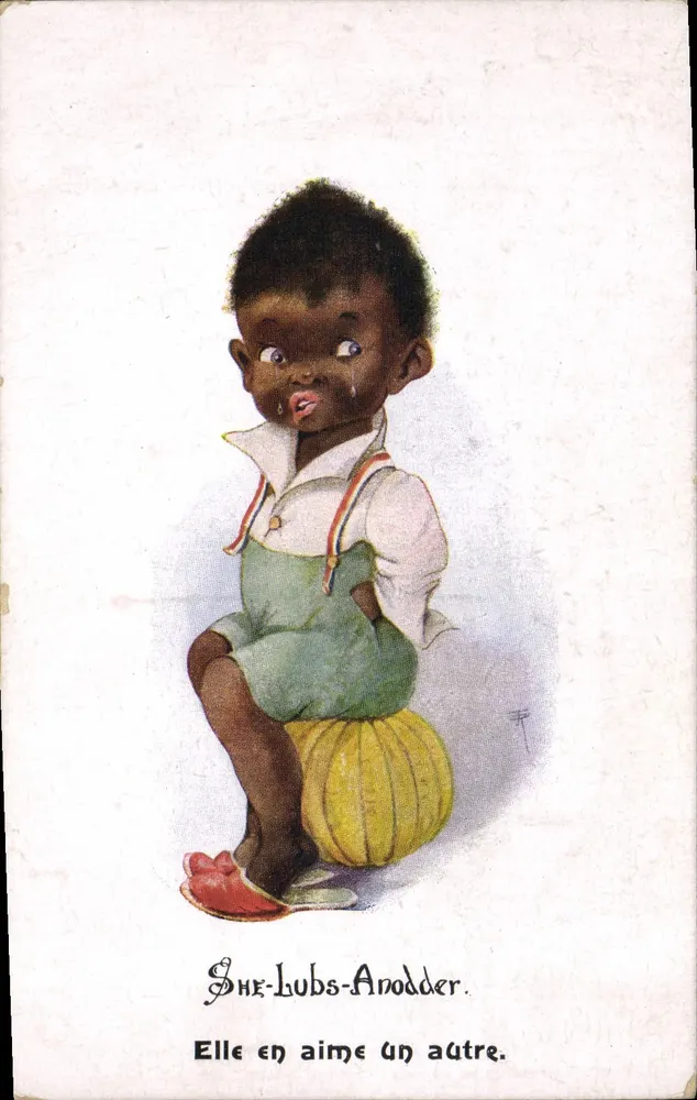 Schwarzes Kind, das auf einer Kürbis sitzt — Little Darlings, Serie 321 — A.M. Davis & Co. London - Vorderseite