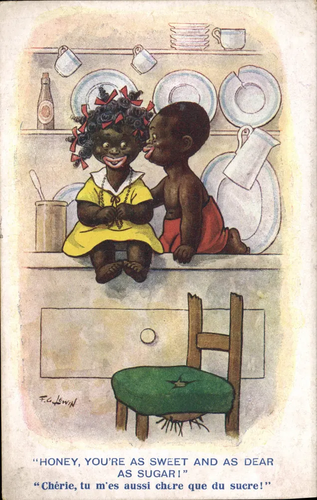 Crianças negras em uma cozinha — F.C. Lewin — Inter-Art Co., Barnes, Londres, série ARTISTICA N°2261 - Frente