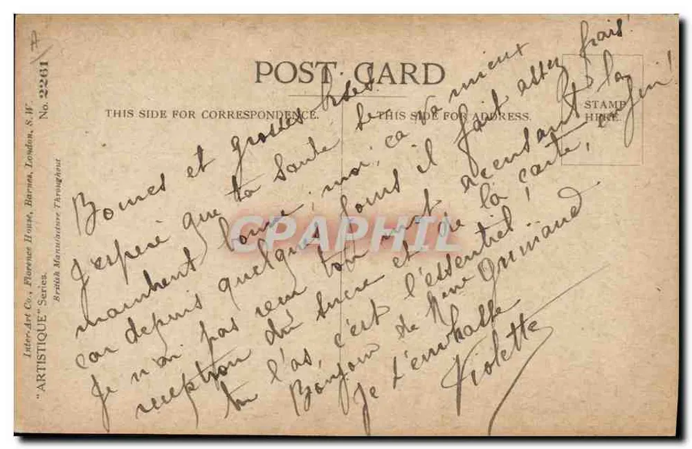 Crianças negras em uma cozinha — F.C. Lewin — Inter-Art Co., Barnes, Londres, série ARTISTICA N°2261 - Verso