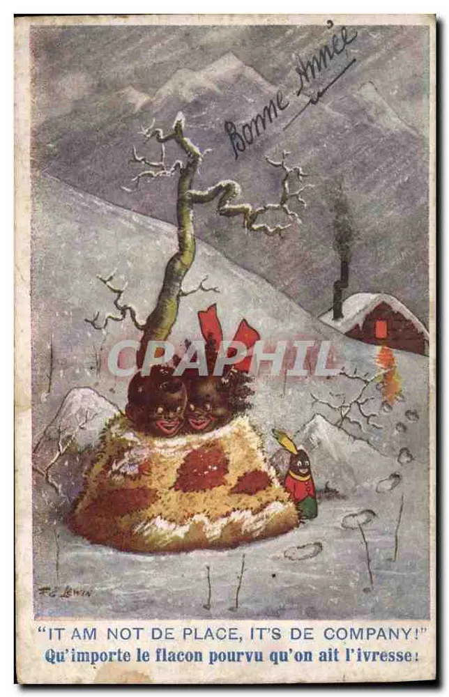 Scène hivernale avec personnages caricaturaux — dessin de F.G. Lewin — éditeur Inter-Art Co., London - Frente