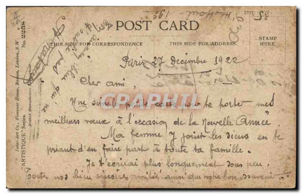 Scène hivernale avec personnages caricaturaux — dessin de F.G. Lewin — éditeur Inter-Art Co., London - Verso
