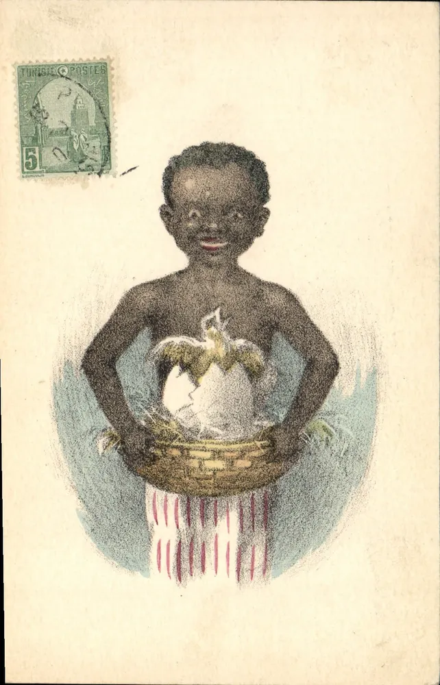 Criança negra segurando um cesto com um frango — Tunísia — Éditions de Luxe, K.R. Paris - Frente