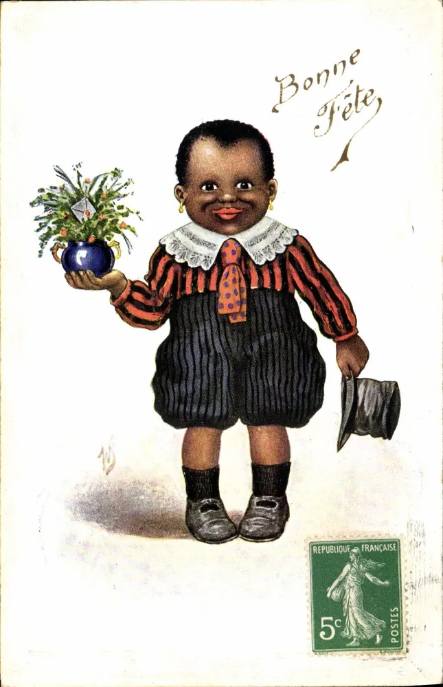 Criança negra — com buquê e chapéu — editor não visível, número de série não visível - Frente