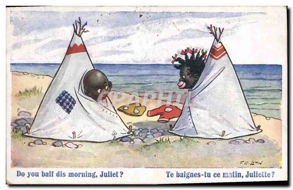 Zwei Kinder in Tipis am Strand — F.C. Lewin — Verlag Inter-Art Co. & IF. Nr. 2517 - Vorderseite