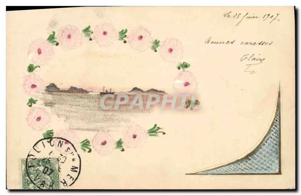 Côte d'Azur — Vista do mar cercada por flores — Carta postal da Sociedade Geral - Frente