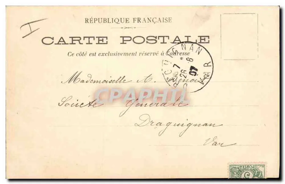 Côte d'Azur — Vista do mar cercada por flores — Carta postal da Sociedade Geral - Verso