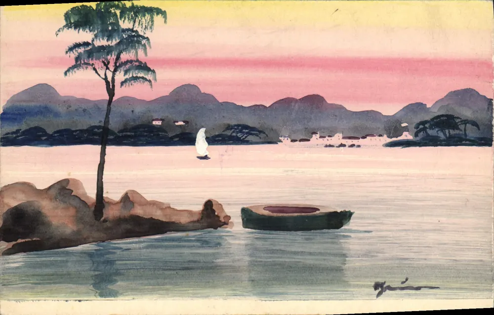 Paisagem lacustre ao pôr do sol — obra de arte — assinada 'Gyin' - Frente