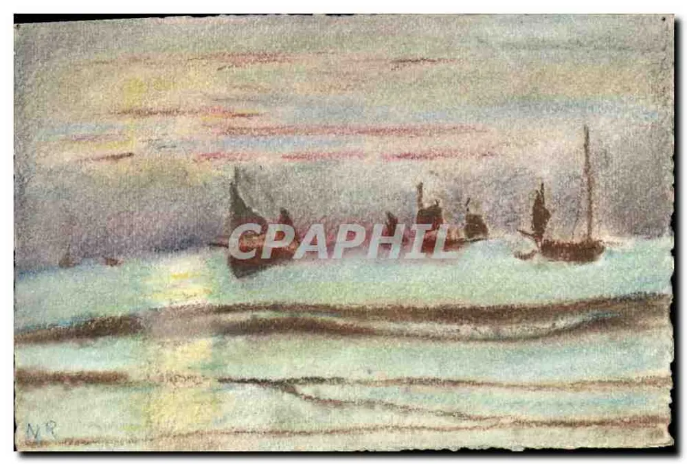 Pôr do sol no mar — barcos — sem editor e número de série visíveis - Frente