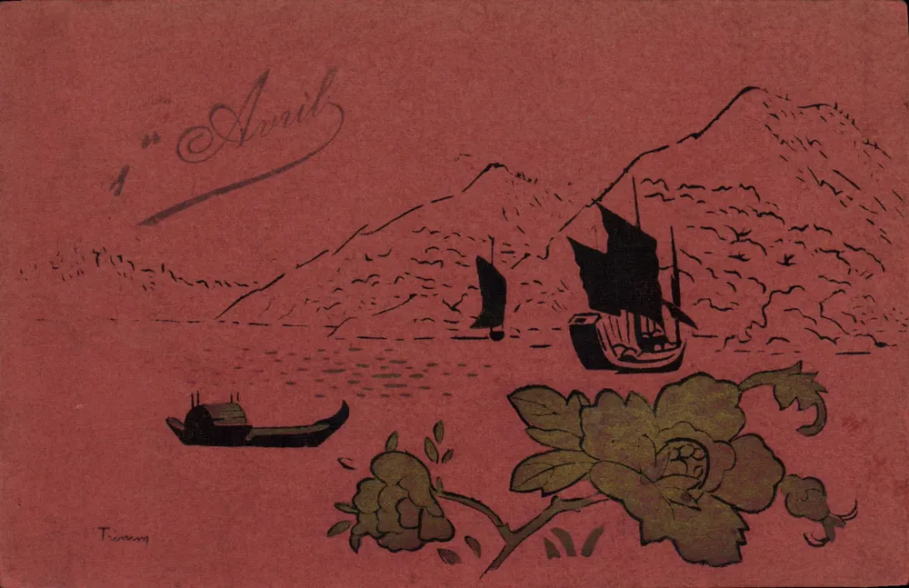 Cena de porto com barcos — ilustração de Trimm — série n° 118, editor De Sazerat & Cie, Paris - Frente
