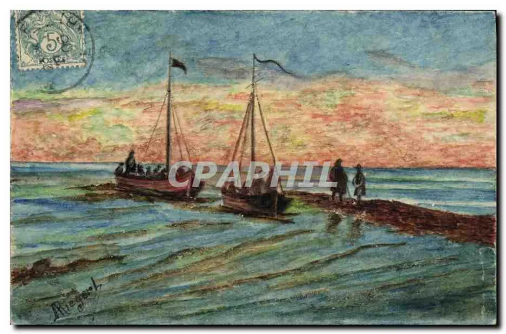 Pôr do sol sobre o mar — dois barcos e silhuetas — desenho de Miegjol - Frente