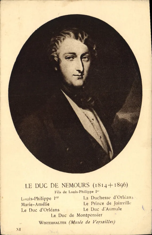 Le Duc de Nemours — Portrait en noir et blanc — éditeur WINTERHALTER (Musée de Versailles) n° XI - Frente