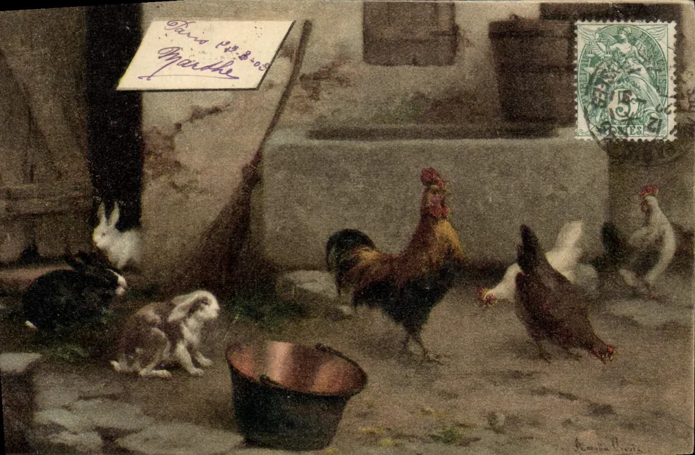 Paisagem rural com galinhas e coelhos — ilustração de Ramona Piesie — editor não identificado - Frente