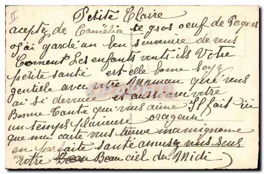 Criança e galinha diante de um grande ovo — Feliz Páscoa — Editor Colonbo, n°2280 - Verso