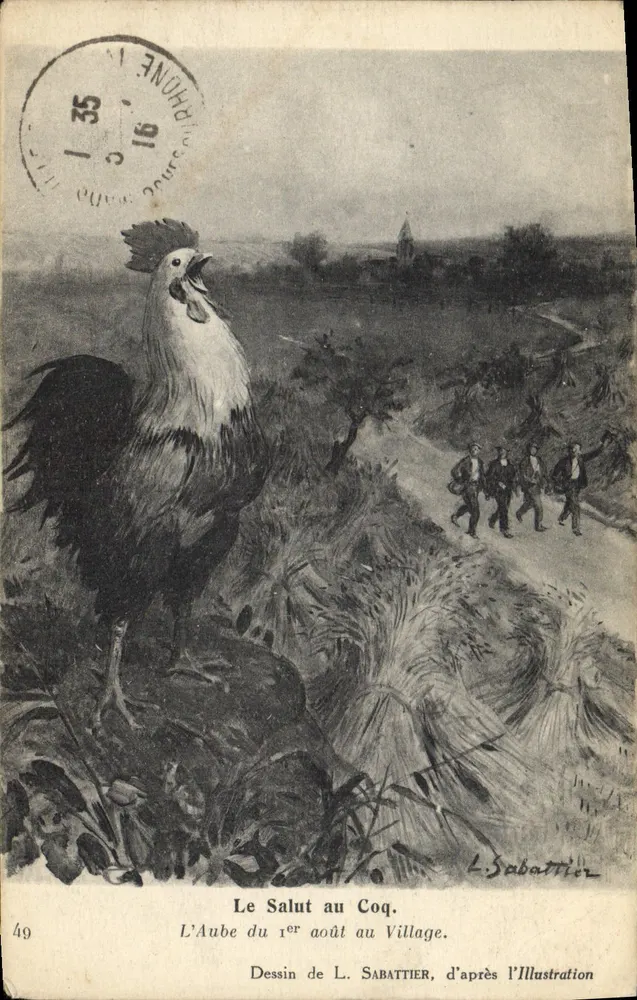 O Saúdo ao Galo — A Aurora do 1º de agosto no Village — Desenho de L. Sabattier, segundo a Illustration - Frente