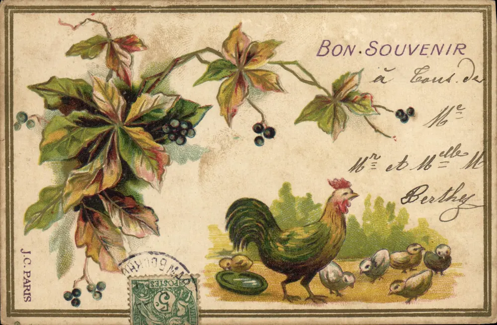 Galo e pintinhos — Bom Lembrado a Louis de M. e Sra. Berthet — J.C. PARIS - Frente