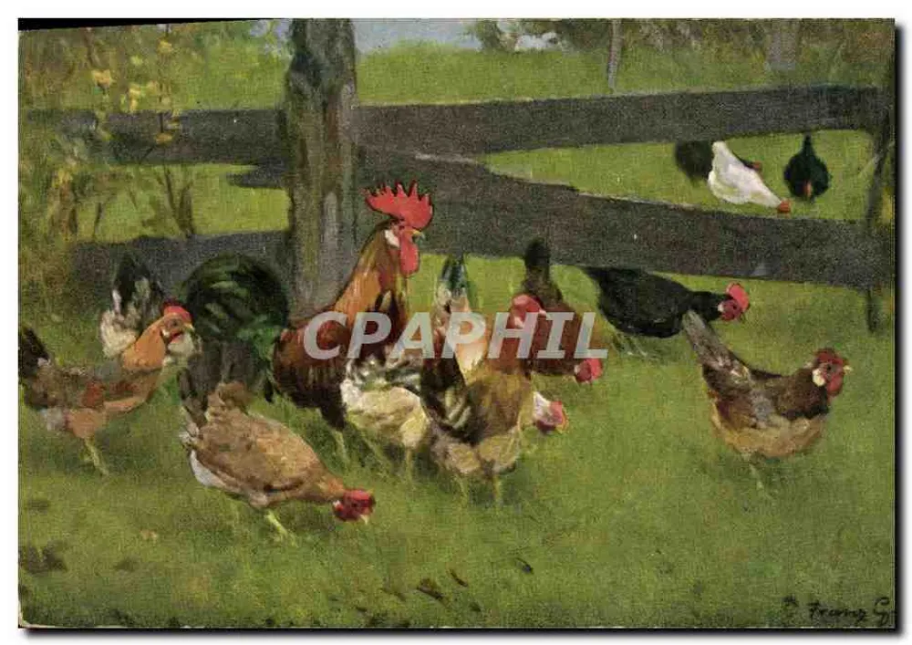Pintas e galinha em um campo — pintura — editor G. Feurig, série 319 - Frente