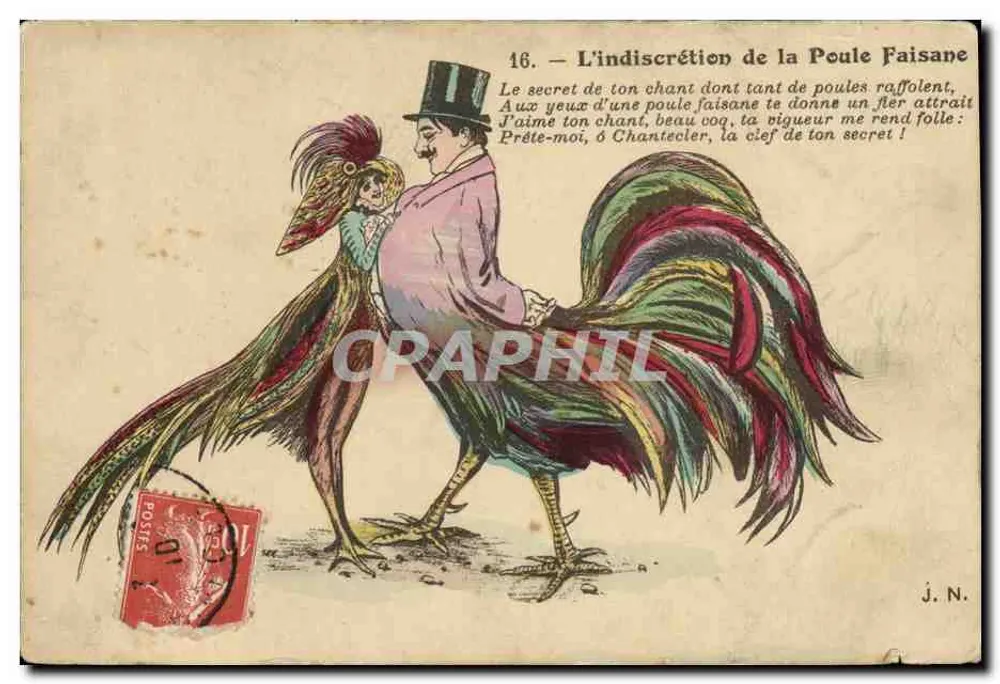 L'indiscrétion de la Poule Faisane — scène humoristique avec coq et poule, éditeur J.N. n°16 - Frente