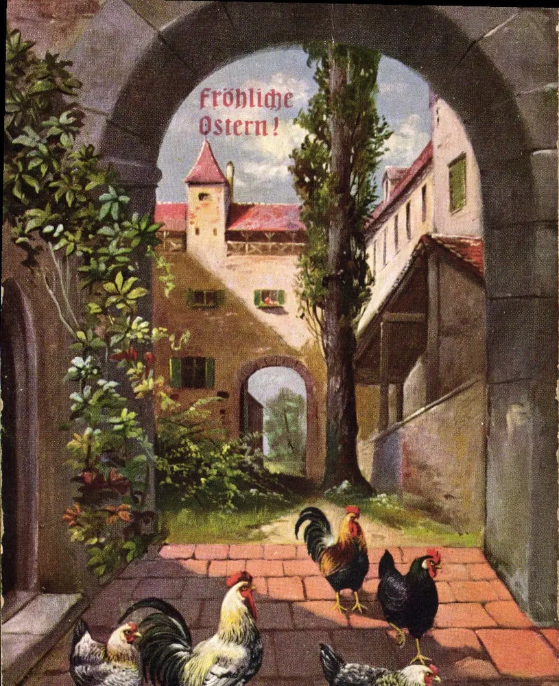 Paysage de village avec poules — vue à travers un arc — éditeur non visible - Frente