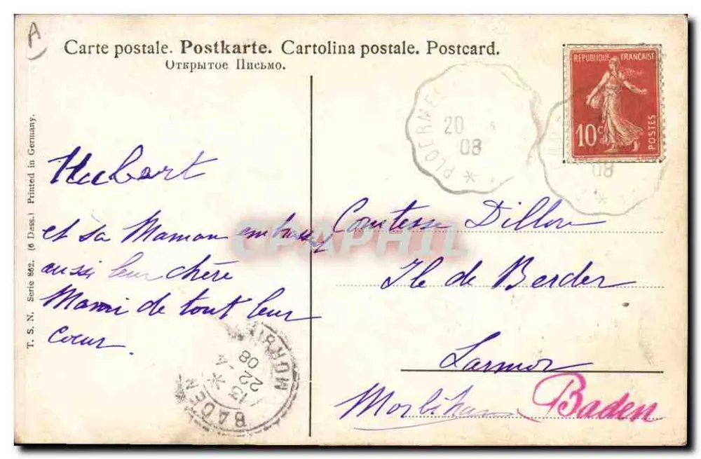 Galinha e pintinho — sob as saias de salgueiros — T.S.N. Série 902, editor Dusseldorf - Verso