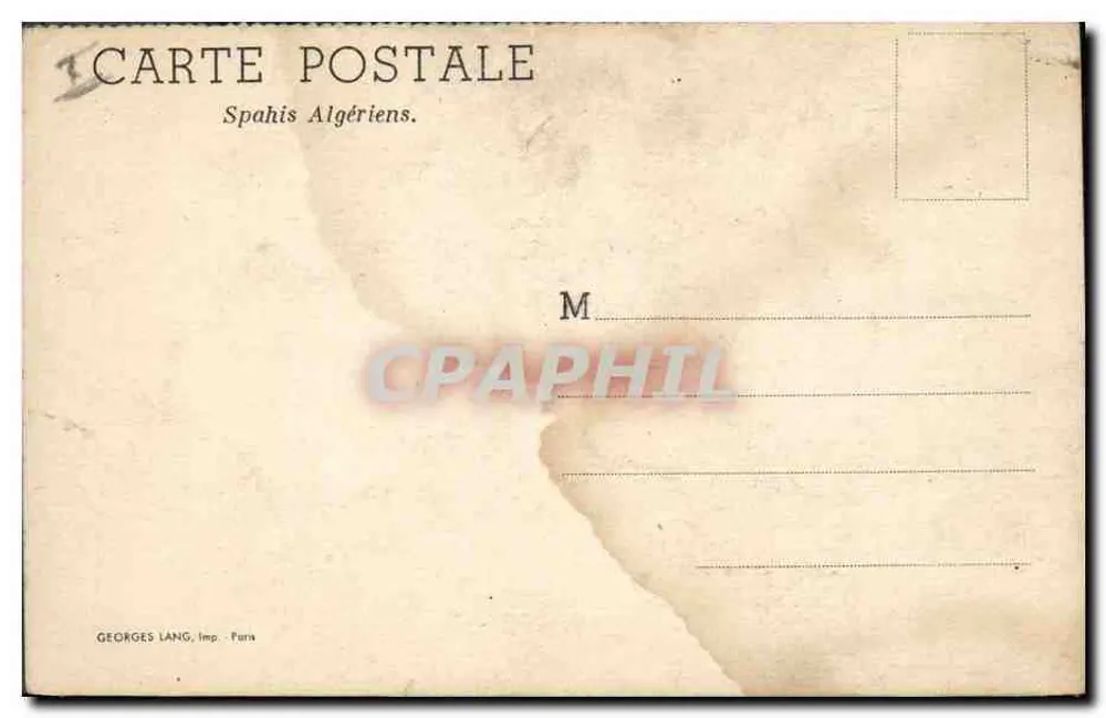Spahis Algériens — cavaliers en tenue d'ordonnance — éditeur GEORGES LANG, imp. Fara - Verso