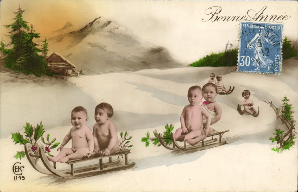 Kinder auf Schlitten — Winterlandschaft — EK° 1145 - Vorderseite