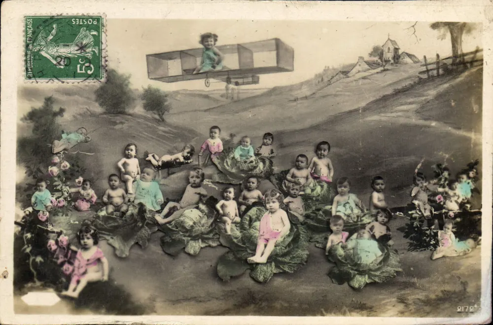 Kinder, die auf Kohlköpfen sitzen — Flugzeug in der Luft — anonymer Verleger, Nr. 21792 - Vorderseite