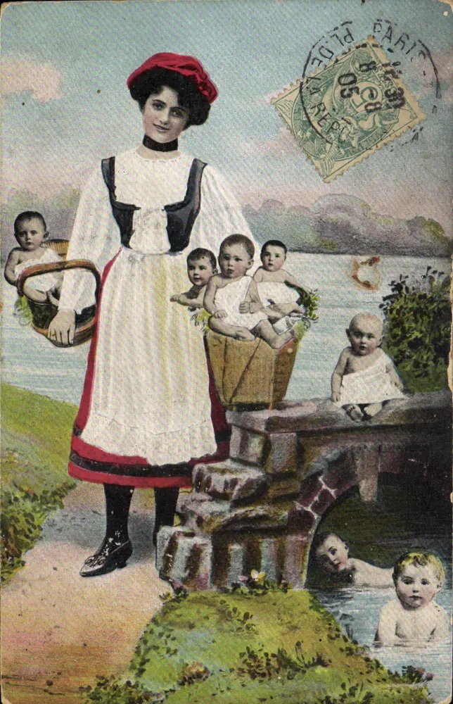 Frau mit mehreren Kindern nahe einem Brücke — Verlag R.V.I.B. Nr. 725 - Vorderseite