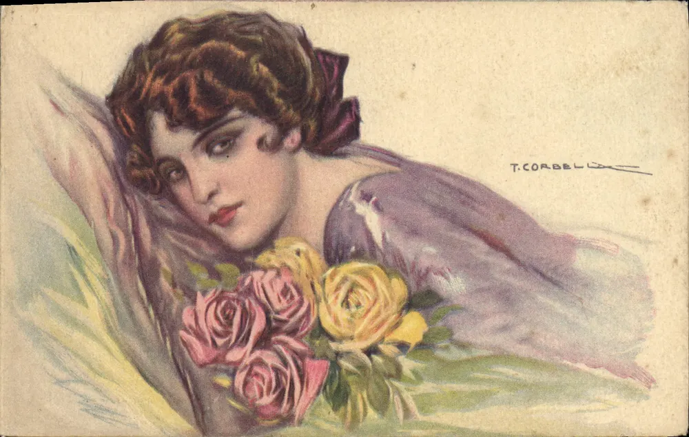 Junge Frau mit Rosenstrauß — farbige Illustration — T. CORBEL, italienischer Verlag - Vorderseite