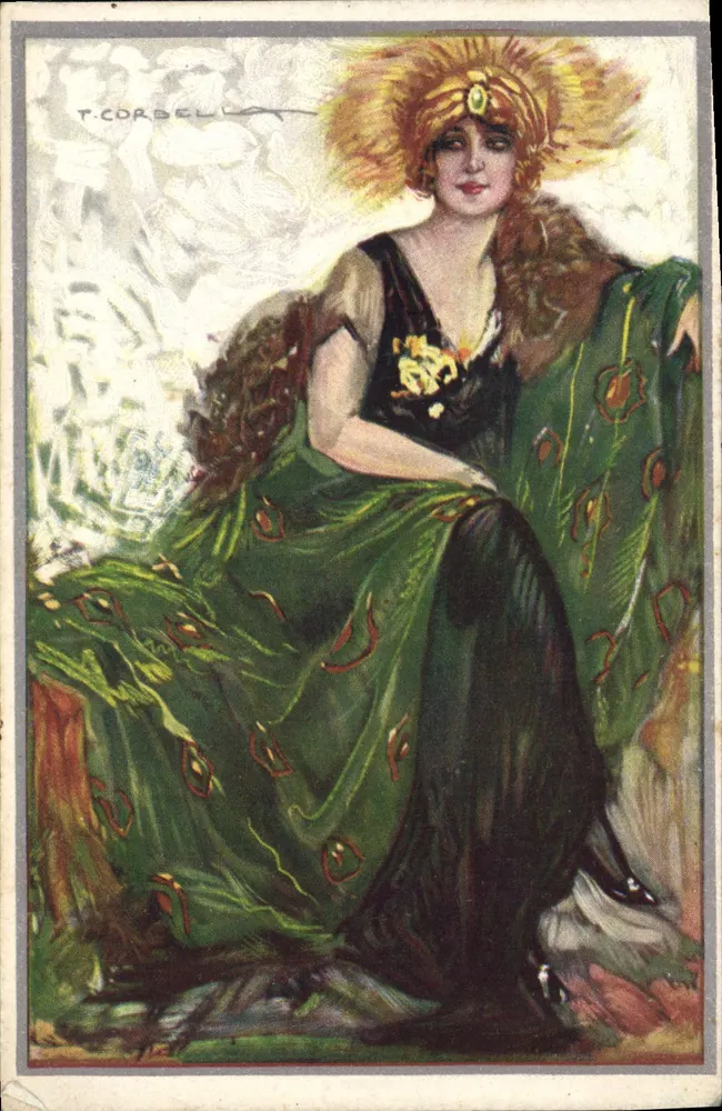 Frau in grünem Kleid und Pelz — Illustration von T. Cordel — künstlerische Kartenpost-Serie - Vorderseite
