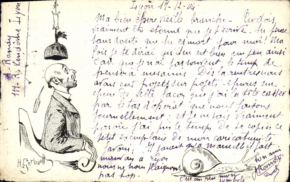 Lyon - Dessin d'un homme assis et d'une escargot - H. Gerbaulet - Recto