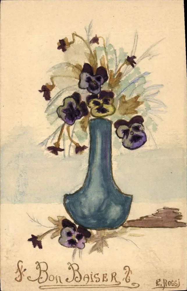 Vase de pensées — composition florale — E. Rossi - Frente