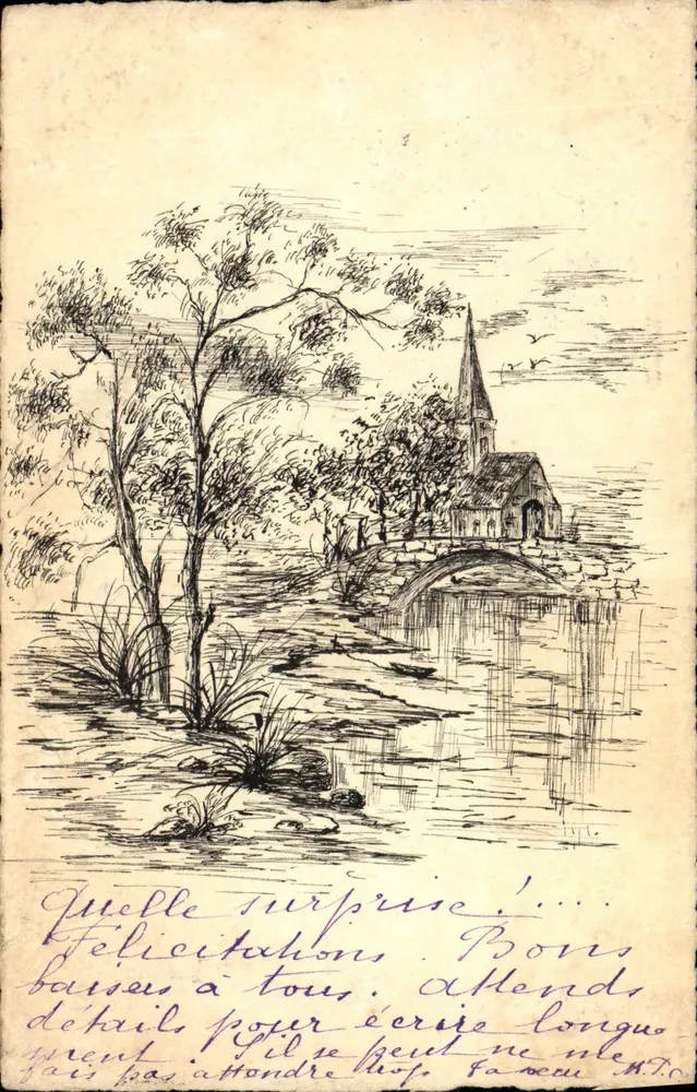 Igreja e ponte sobre um curso d'água — desenho a tinta — editor não visível - Frente