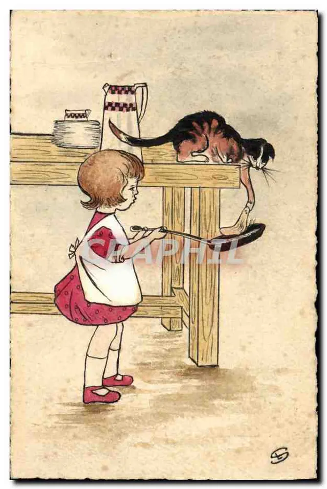 Kleine Mädchen und Katze — Küchen-Szene — Verlag S. (Unterschrift unten rechts) - Vorderseite
