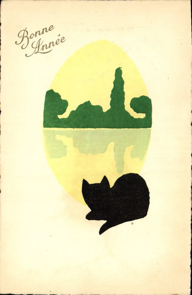 Carta de boas-vindas com paisagem e gato — editor desconhecido, número de série não visível - Frente