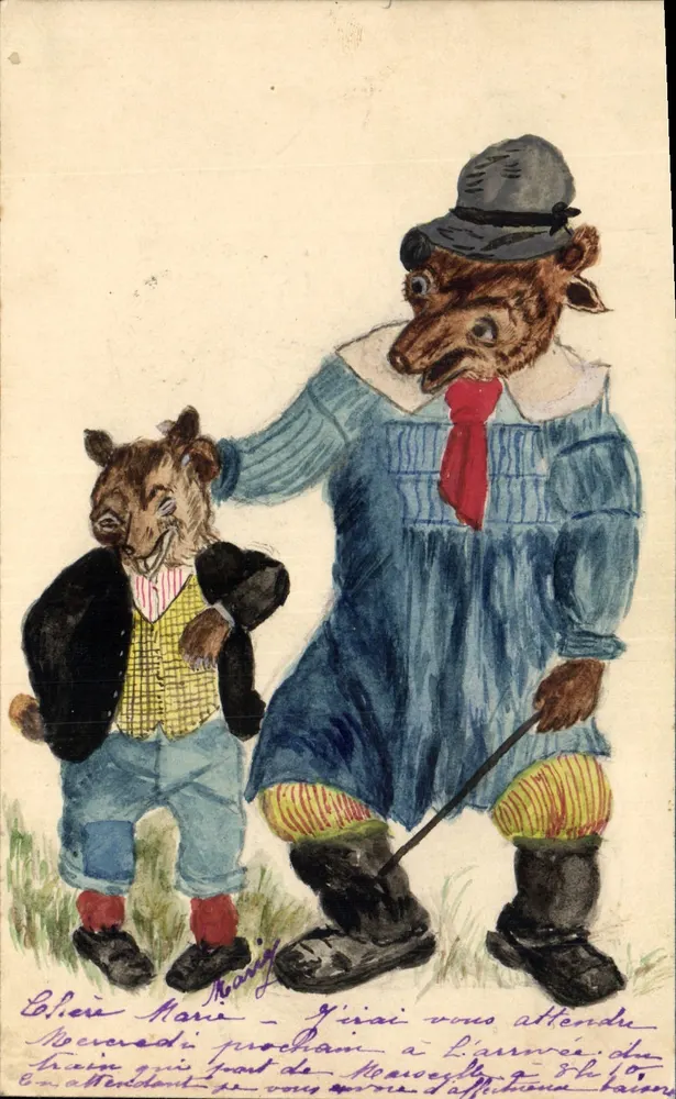 Dwa niedźwiedzie w strojach ludzkich — humorystyczna ilustracja — wydawca nieznany - Awers