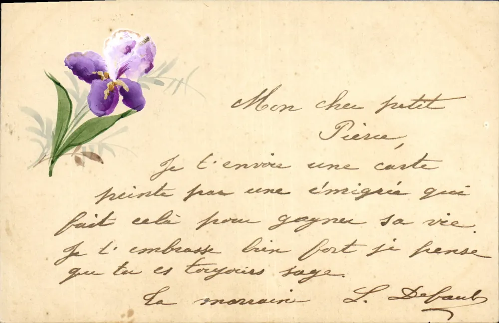 Iris fioletowy — karta pocztowa ręcznie napisana — L. Debaul - Awers