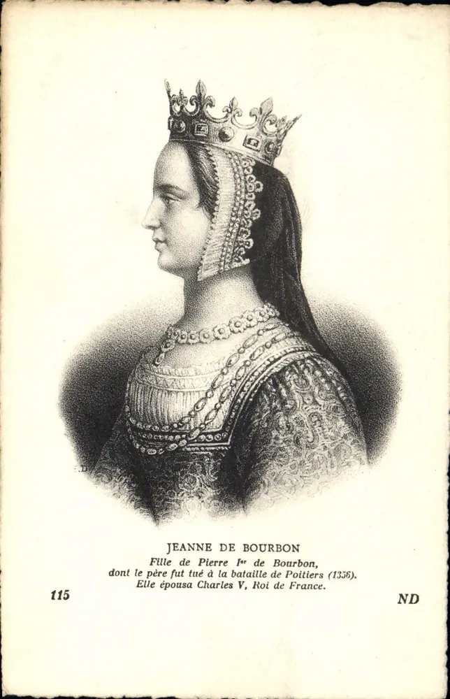 Jeanne de Bourbon — Filha de Pierre Ier de Bourbon, cujo pai foi morto na batalha de Poitiers (1356). Ela casou-se com Carlos V, Rei da França — Editor ND, n° 115 - Frente